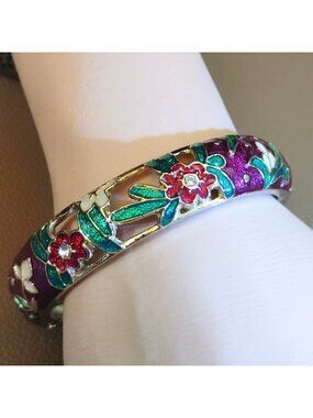 Cloisonné Clamper Bracelet  Jin Long Xing Floral Vintage Gold Tone Hinged Bangle